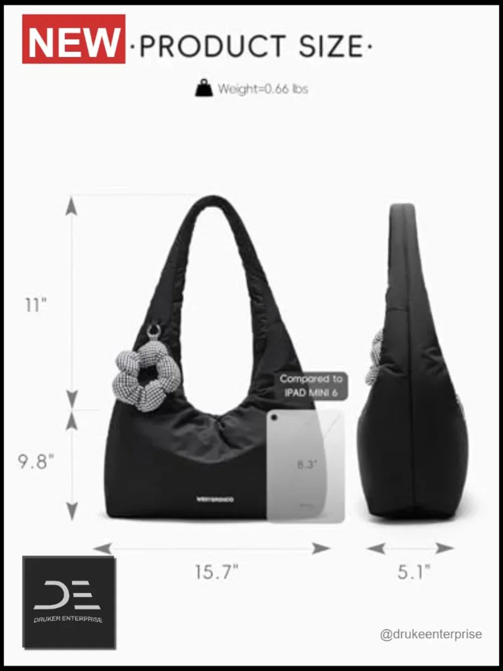 Puffer Hobo Shoulder Bag Medium Soft Laptop Bag with Flower Keychain